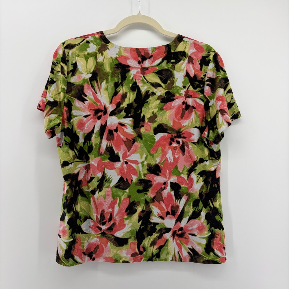 JM Collection Women's Petite  XL Floral Print Short Sleeve Top‎ Green Pink - Picture 2 of 5